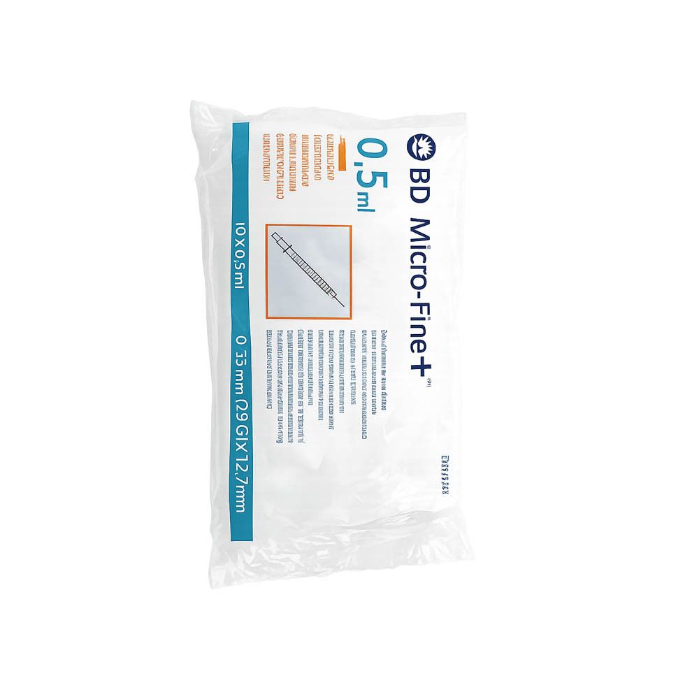Emballage de seringues à insuline. Contient 10 seringues de 0,5 ml. Visible : BD Micro-Fine+, 0,33 mm (29 G) x 12,7 mm.