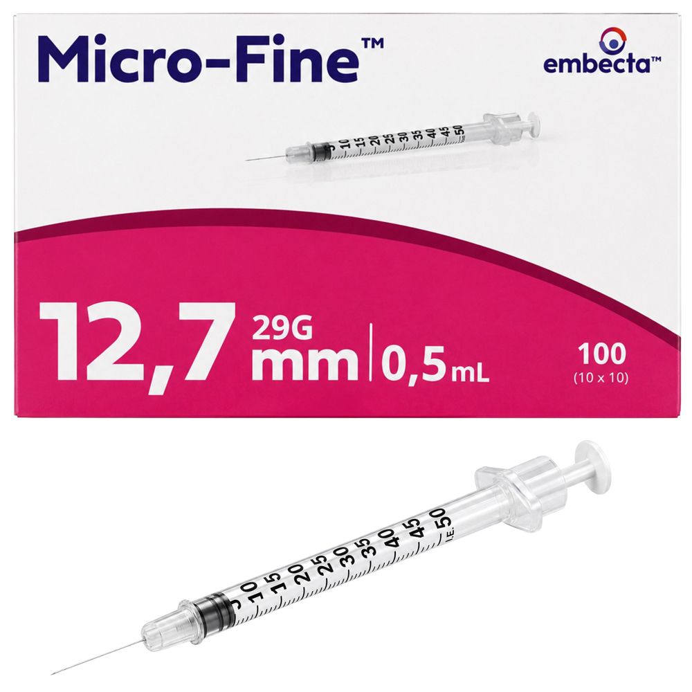 BD Micro-Fine Insulinspritzen, 0,5ml, 29G, 12,7mm. Packung mit 10x10 Spritzen.