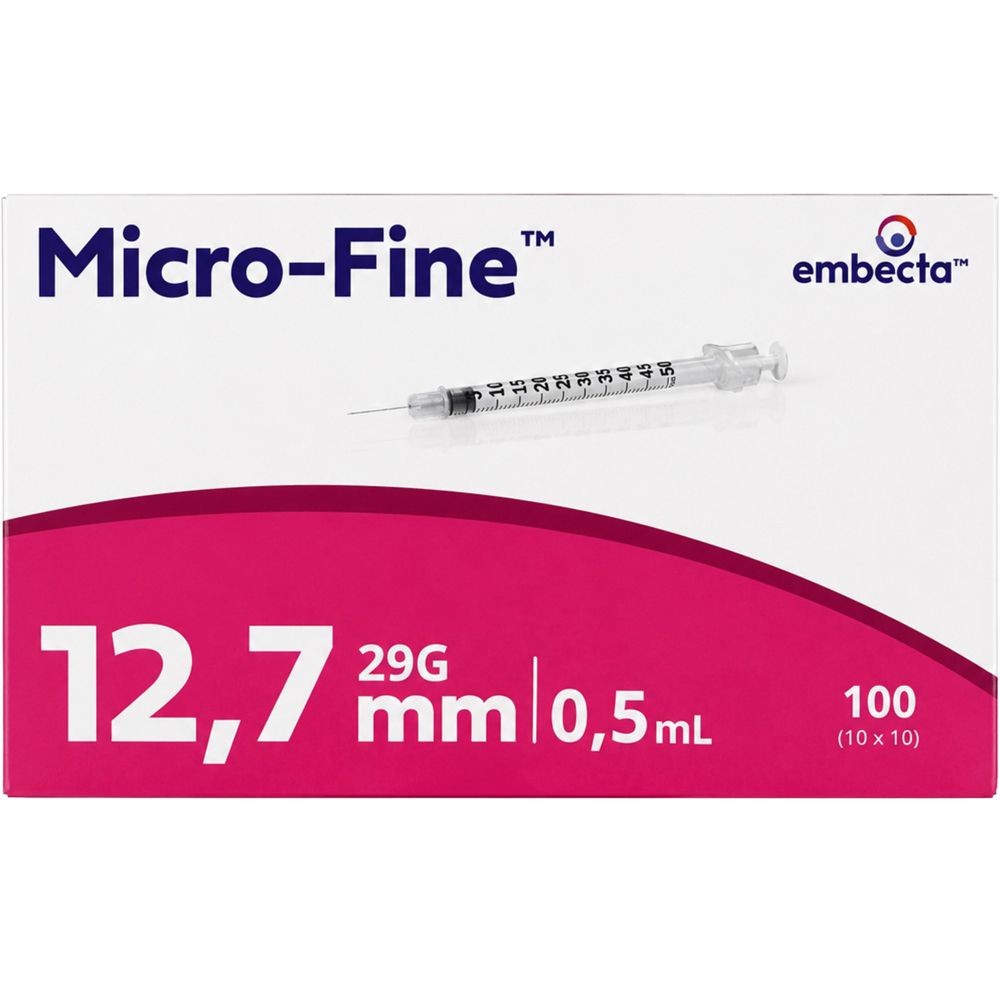 BD Micro-Fine Insulinspritzen, 0,5ml, 29G, 12,7mm. Packung mit 10x10 Spritzen.