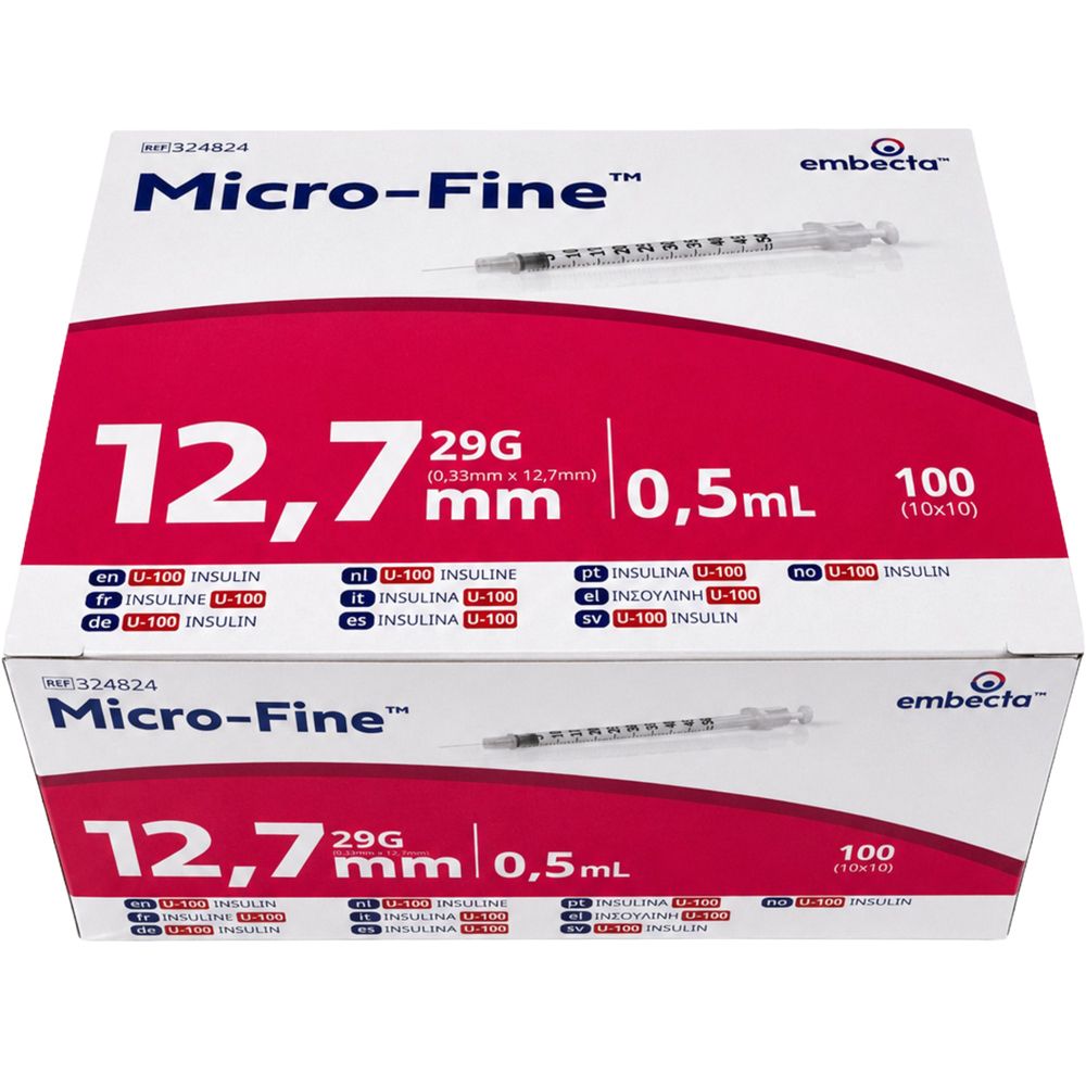 BD Micro-Fine Insulinspritzen, 0,5ml, 29G, 12,7mm. Packung mit 10x10 Spritzen.