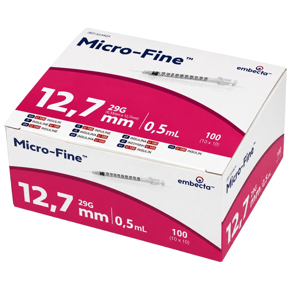 BD Micro-Fine Insulinspritzen, 0,5ml, 29G, 12,7mm. Packung mit 10x10 Spritzen.