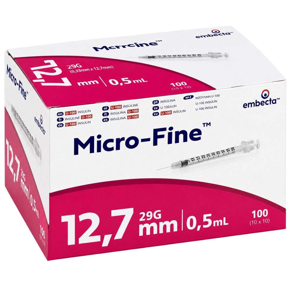 BD Micro-Fine Insulinspritzen, 0,5ml, 29G, 12,7mm. Packung mit 10x10 Spritzen.