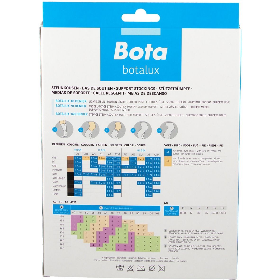 Rückseite der Verpackung. Bota botalux. Größentabelle für Strümpfe. Verschiedene Farben und Größen.