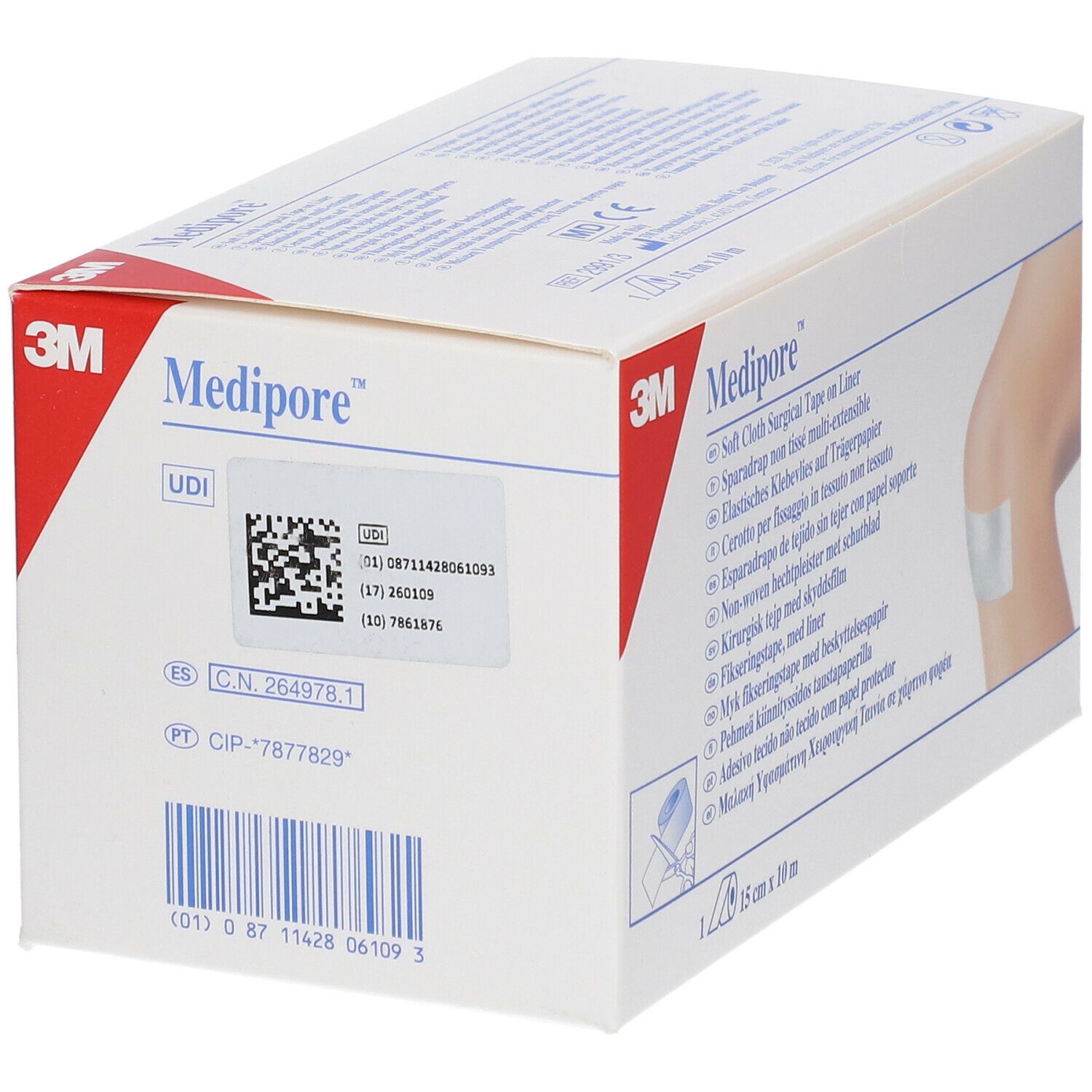 Verpackung von 3M Medipore. Aufdrucke: Soft Cloth Surgical Tape, UDI-Code, 15 cm x 10 m. Abbildung: Knie mit Pflaster.