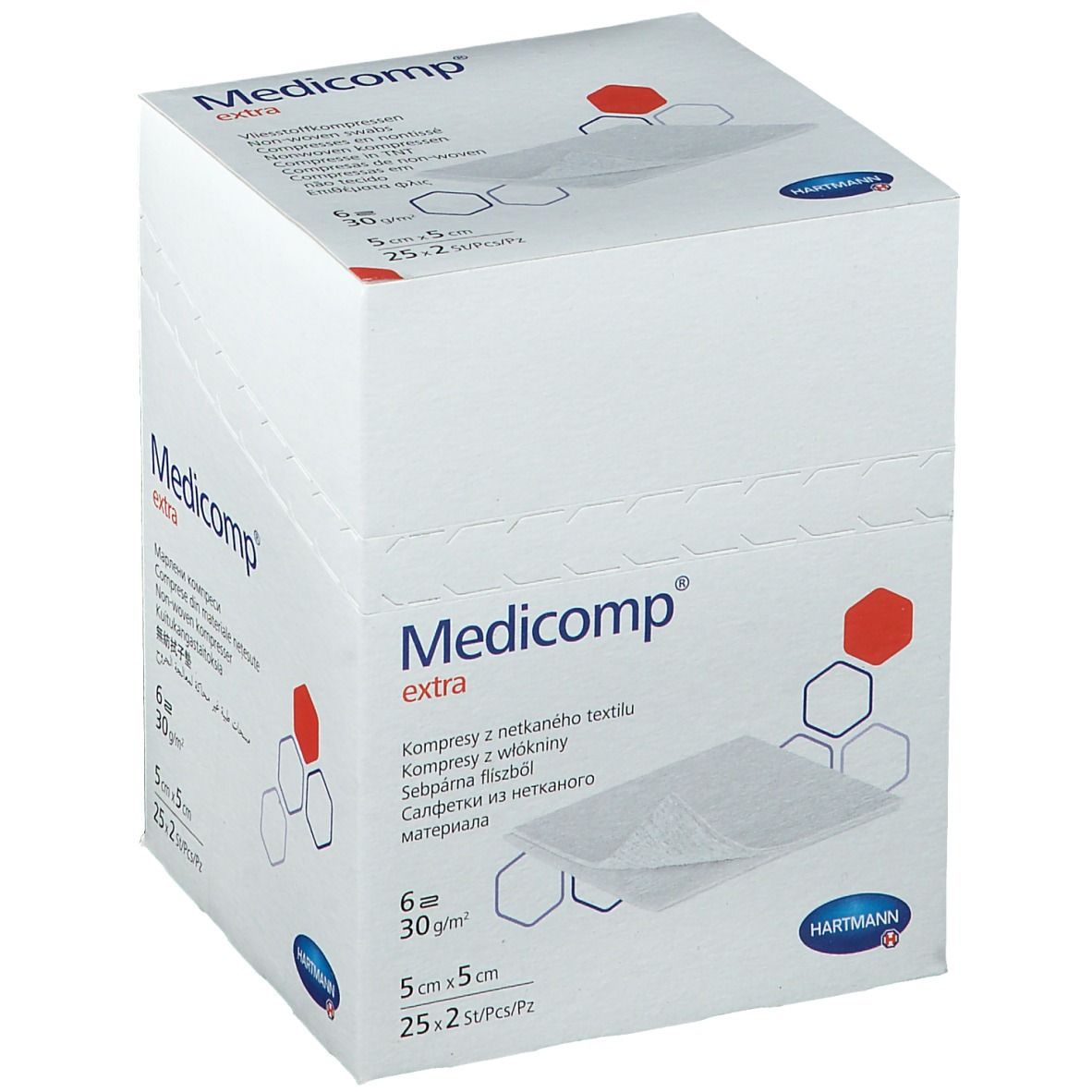 Boîte blanche avec logo "Medicomp extra" et illustration de compresses. Taille : 5 cm x 5 cm. Fabricant : Hartmann.