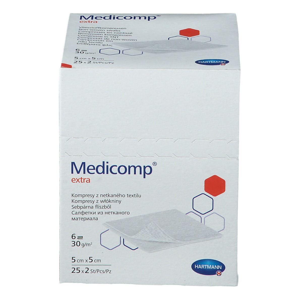 Boîte blanche avec logo "Medicomp extra" et illustration de compresses. Taille : 5 cm x 5 cm. Fabricant : Hartmann.
