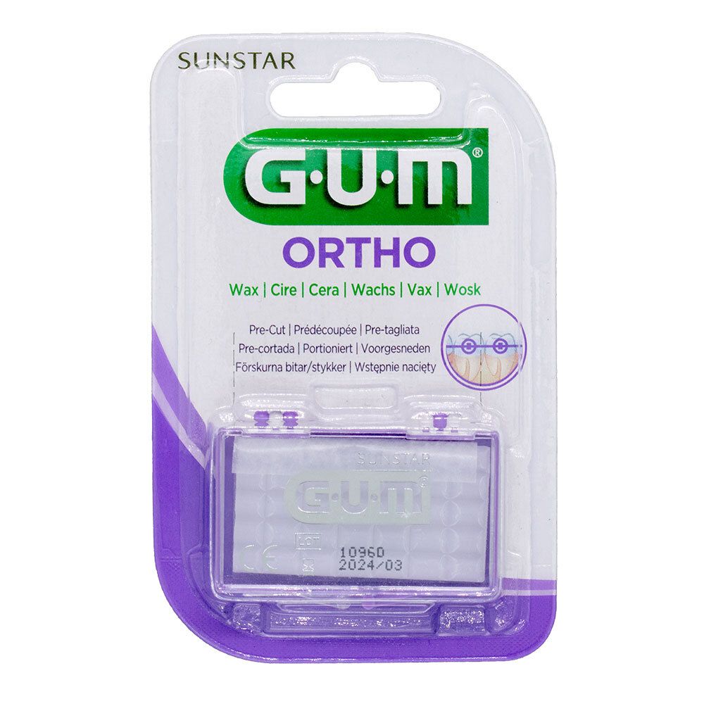 Cire orthodontique GUM portionnée en blister. Contient de la cire pour appareils dentaires. Date de péremption visible.