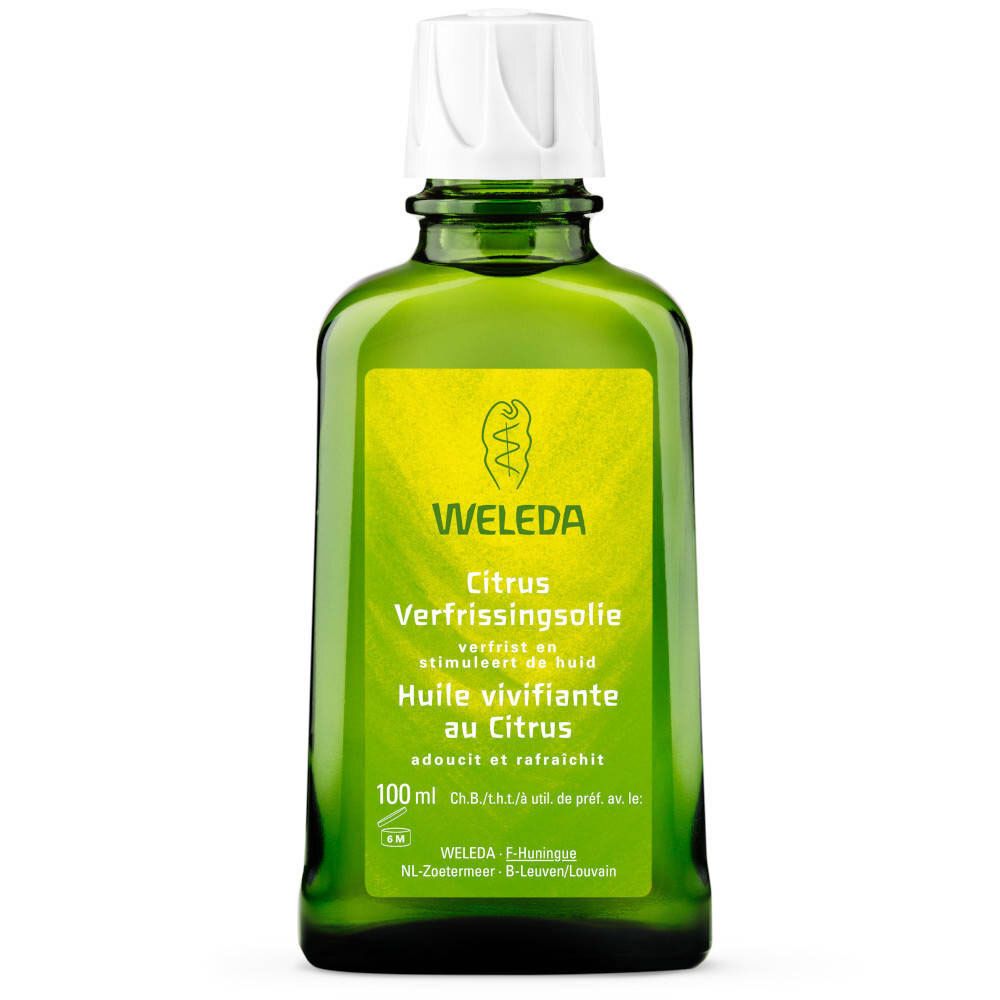 Grüne Glasflasche mit weißem Deckel. Etikett mit "WELEDA" und Produktbezeichnung. Text in Deutsch, Französisch und Niederländisch.