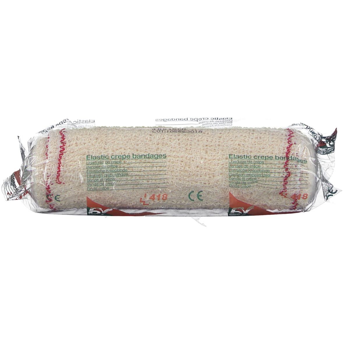 Elastische Kreppbinde in transparenter Verpackung. Sichtbar: CE-Zeichen und Produktbezeichnung.