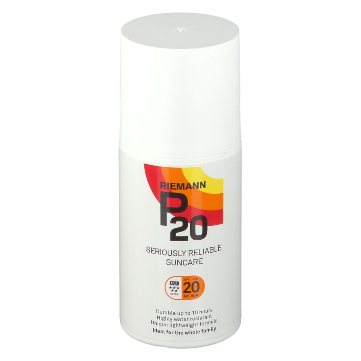 Flacon blanc P20, écran solaire. Logo orange-jaune. SPF 20. Texte: Seriously Reliable Suncare.