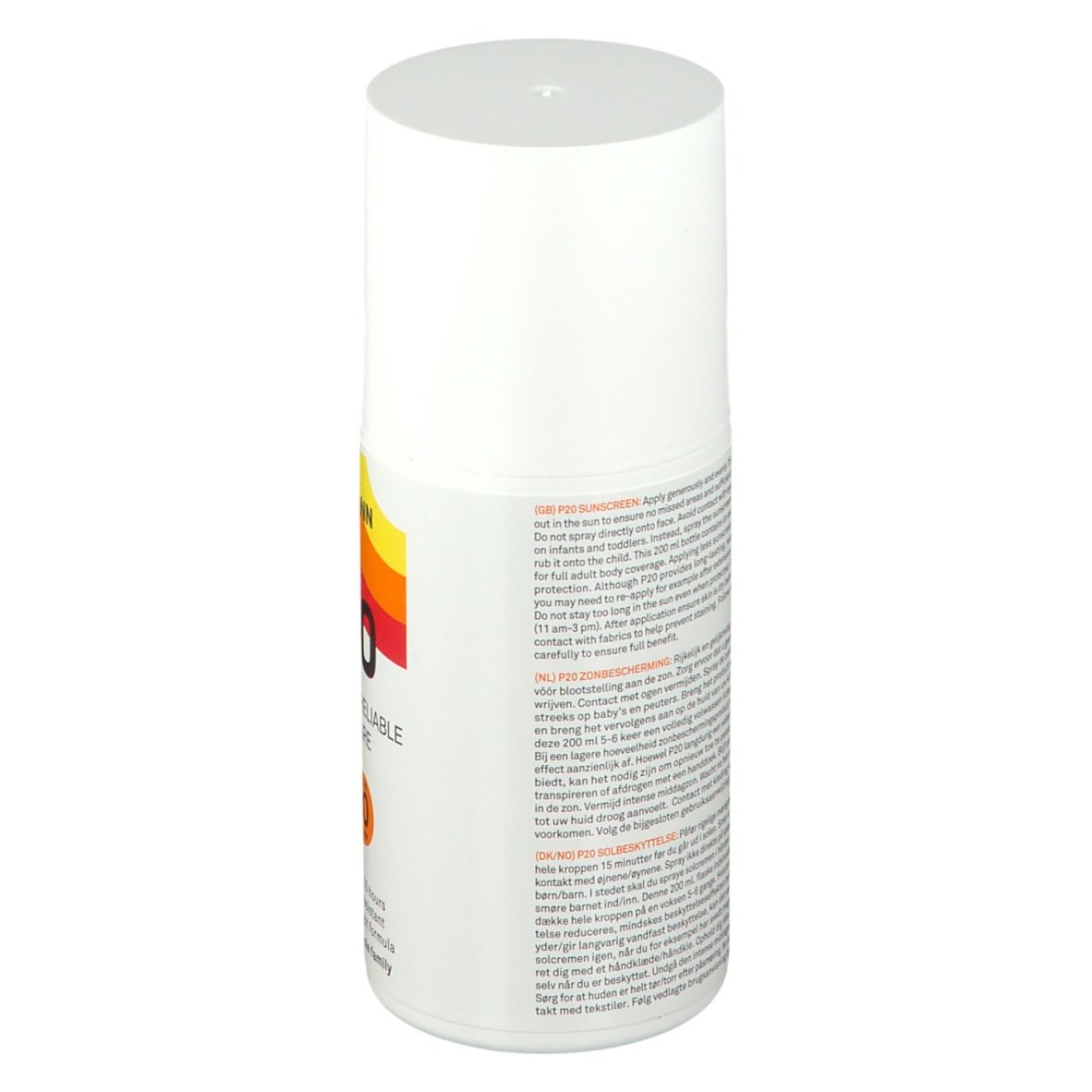 Flacon blanc avec texte. P20 écran solaire. Texte: Durable jusqu'à 10 heures, résistant à l'eau, formule légère unique.