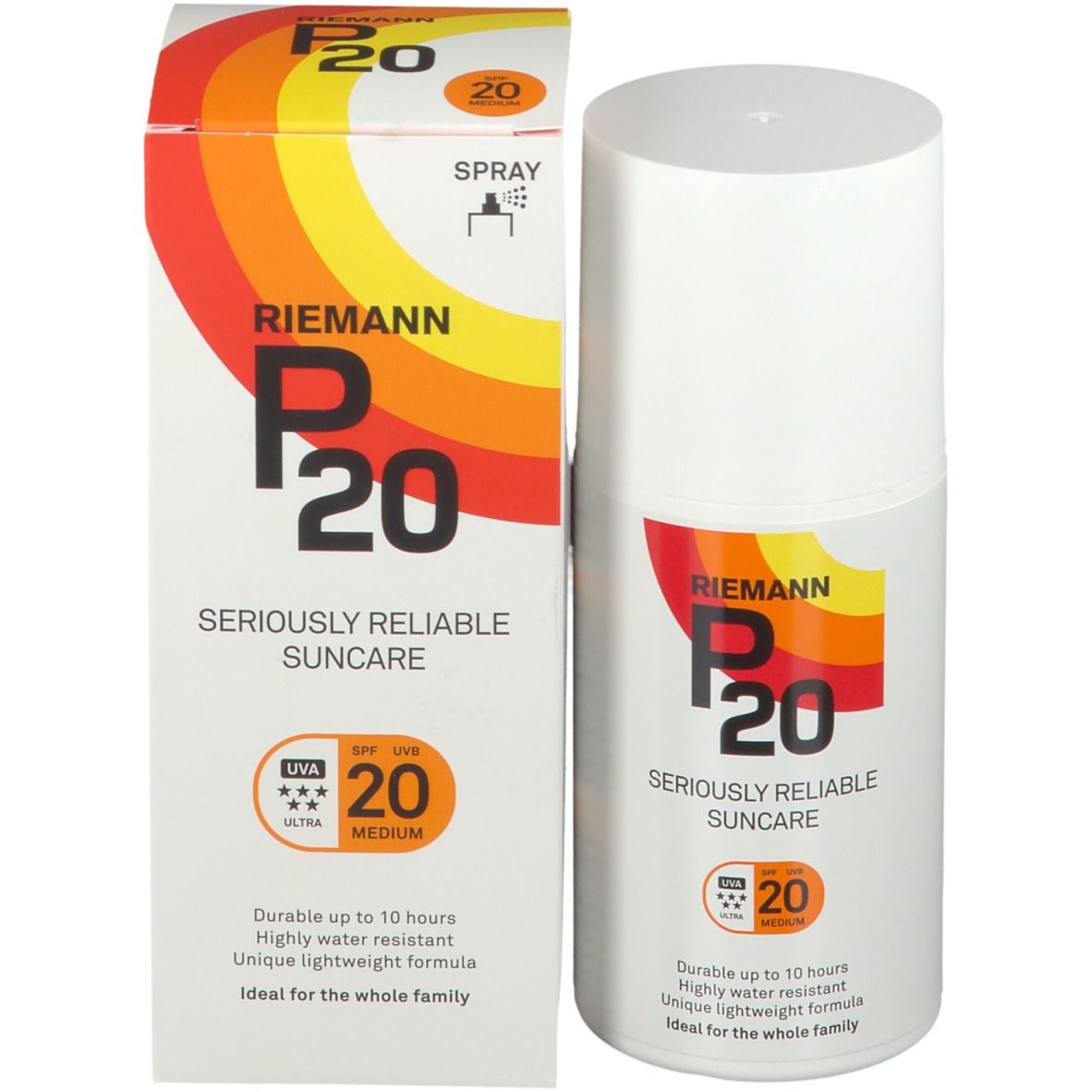 Flacon et emballage P20 écran solaire. SPF 20. Texte: Spray. Durable jusqu'à 10 heures, résistant à l'eau.