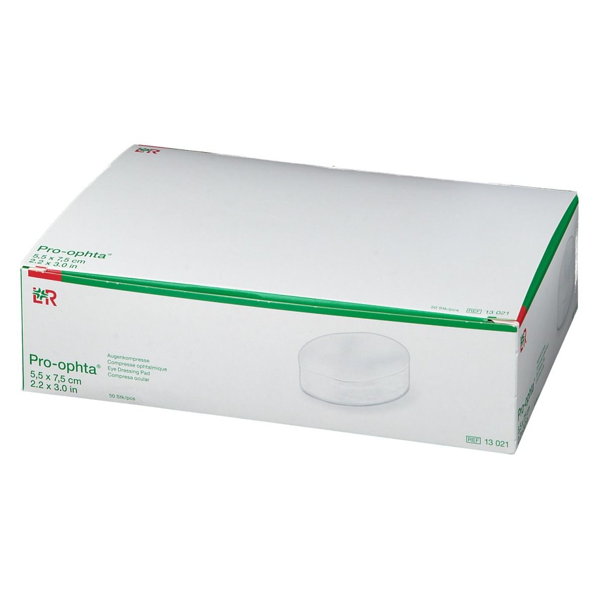 Pro-ophta Augenkompressen Verpackung. Weißer Karton mit grünen Akzenten. Produktname und Größe (5,5 x 7,5 cm) deutlich sichtbar.