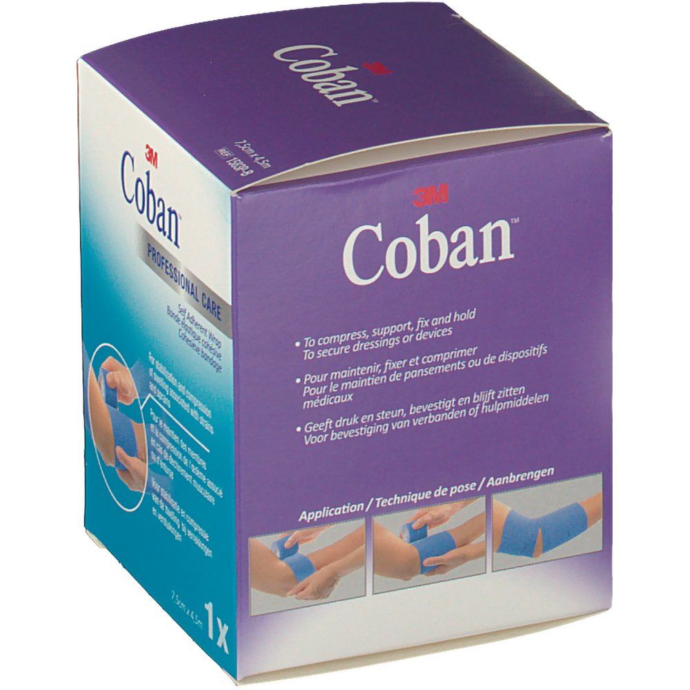 Verpackung mit blauem Verband. Aufschrift: 3M Coban. Illustrationen zur Anwendung. 1x Packung.