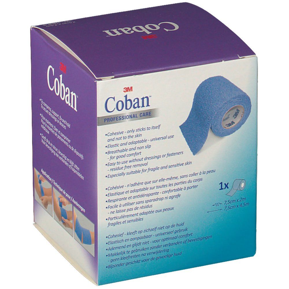 Verpackung mit blauem Verband. Aufschrift: 3M Coban. Rolle Verband sichtbar. 1x Packung. Abmessungen: 7,5cm x 4,5m.