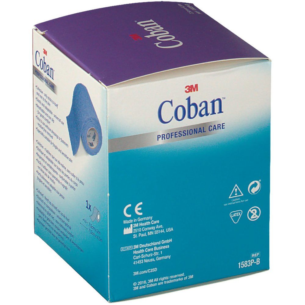 Verpackung mit blauem Verband. Aufschrift: 3M Coban. CE-Kennzeichnung. Herstellerinformationen. 1x Packung.