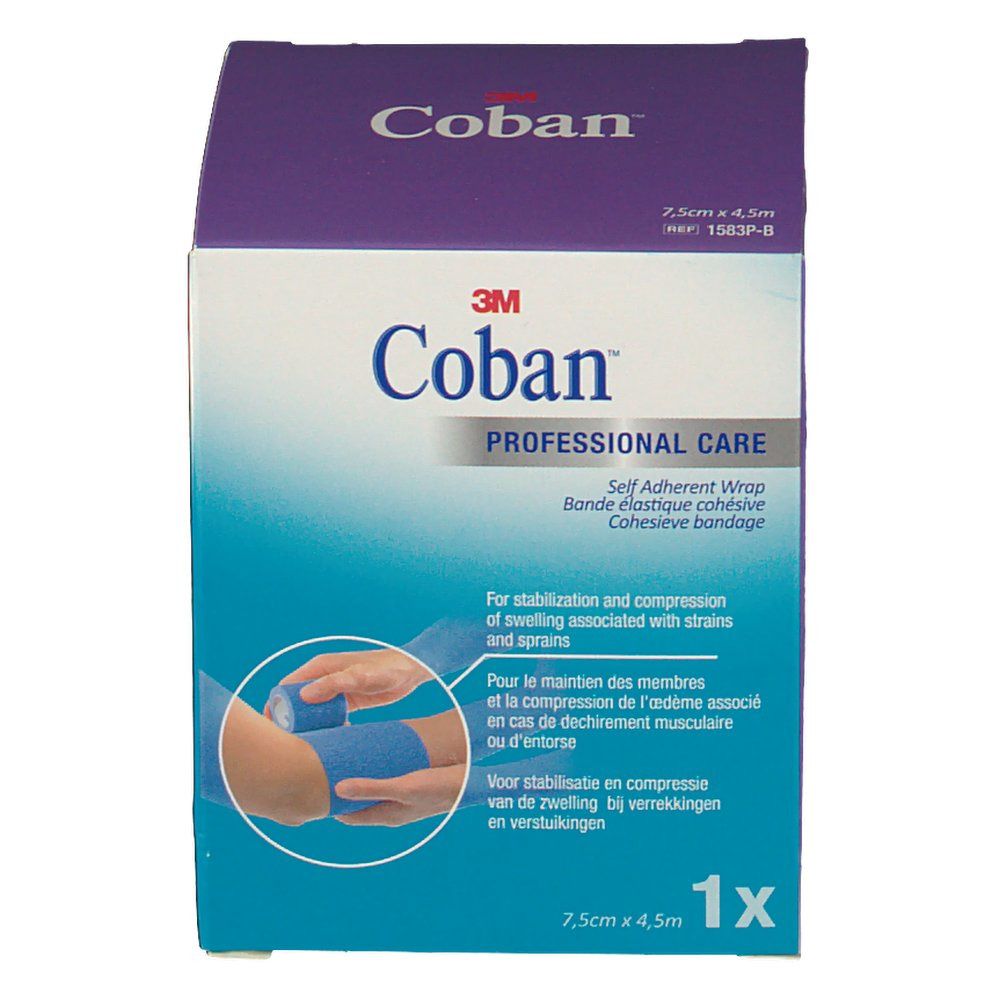 Verpackung mit blauem Verband. Aufschrift: 3M Coban. Illustration Anwendung. Abmessungen: 7,5cm x 4,5m. 1x Packung.