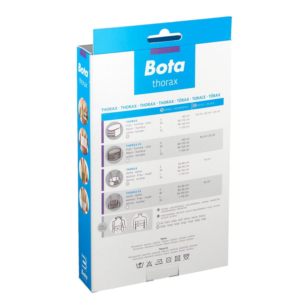 Dos de l'emballage Bota Thoraxgurt. Informations sur les tailles et illustrations du produit. Symboles de lavage.