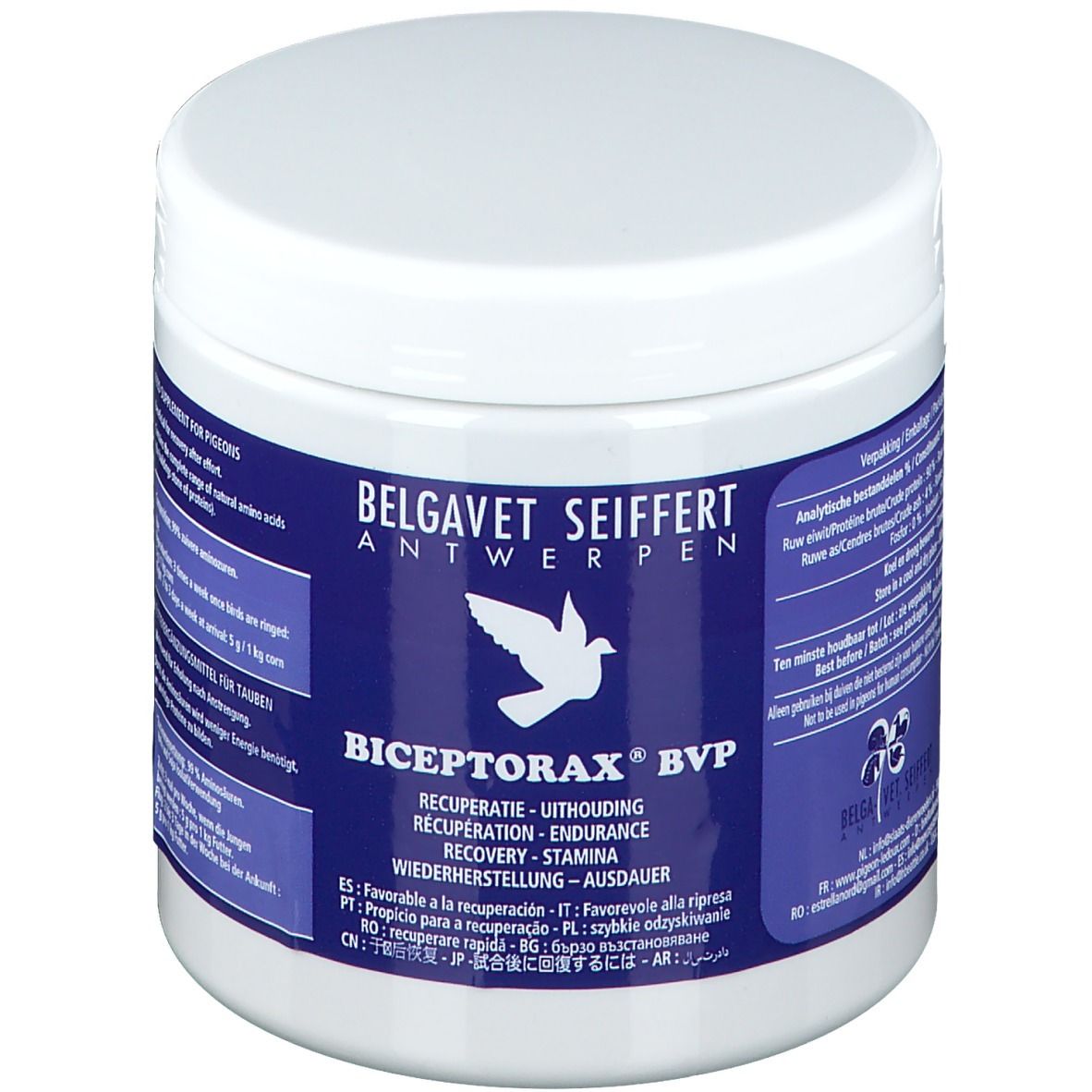 Pot blanc avec étiquette bleue. Inscription: Biceptorax BVP, Belgavet Seiffert Antwerpen. Image d'un pigeon.