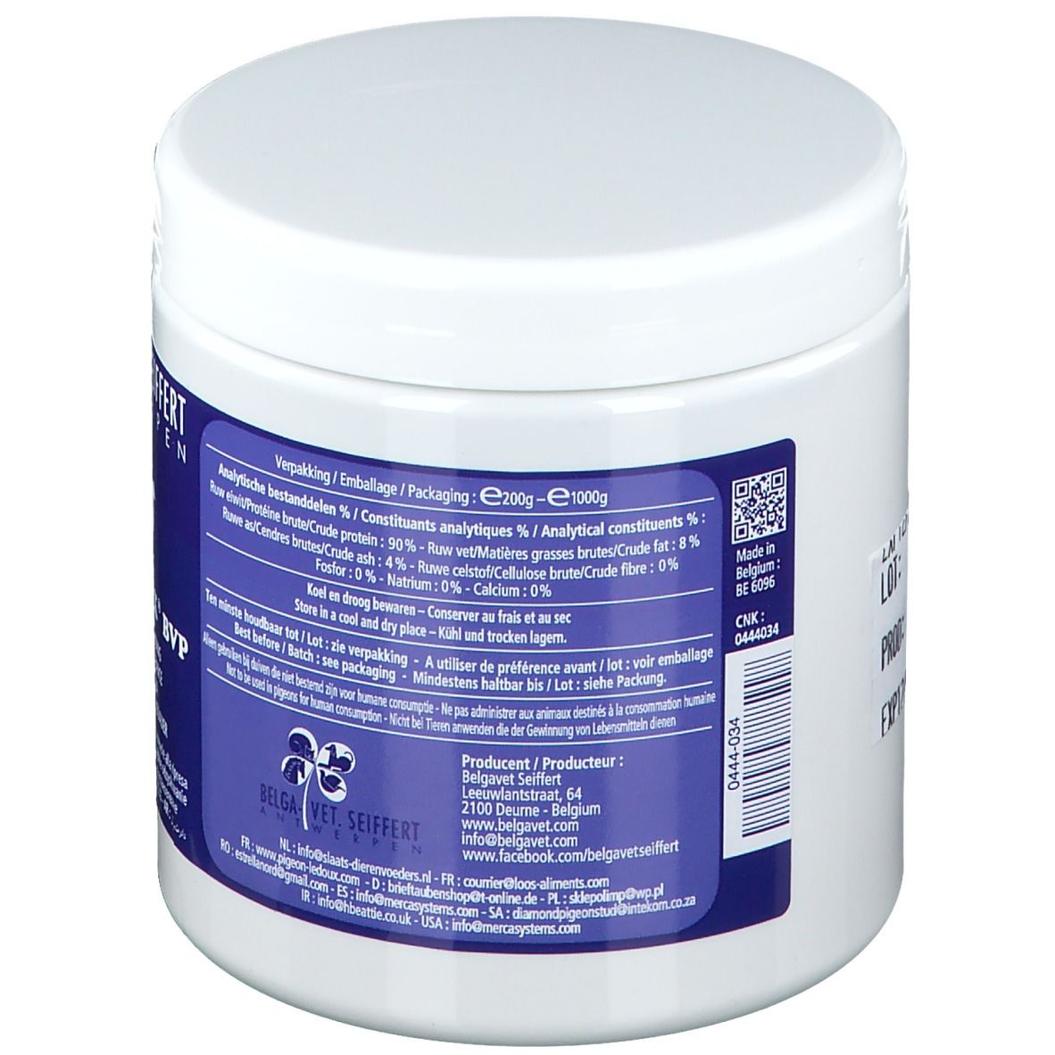 Dos du pot blanc. Étiquette bleue avec composants analytiques et informations fabricant. Code QR.