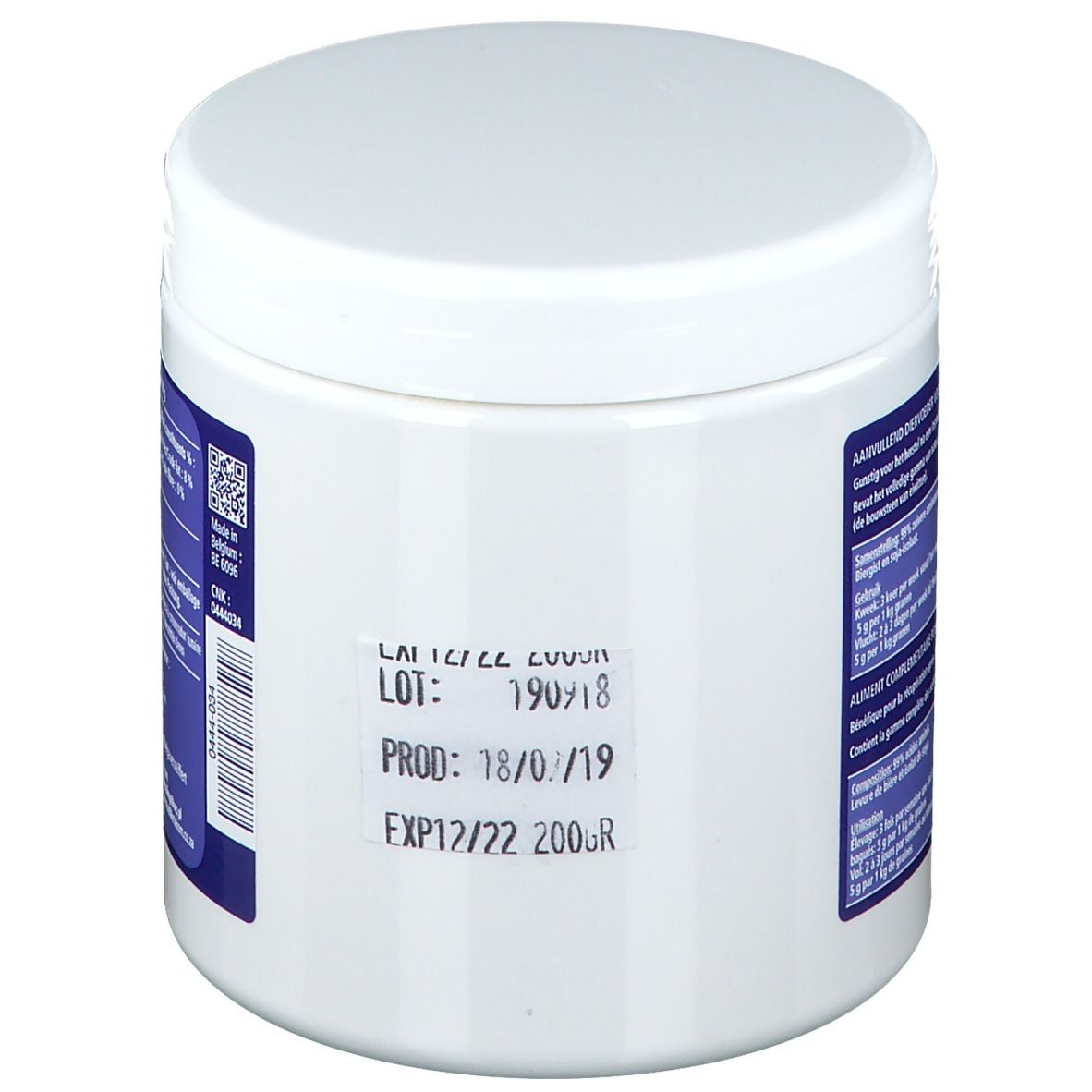 Dos du pot blanc. Étiquette bleue avec numéro de lot, date de production et d'expiration.