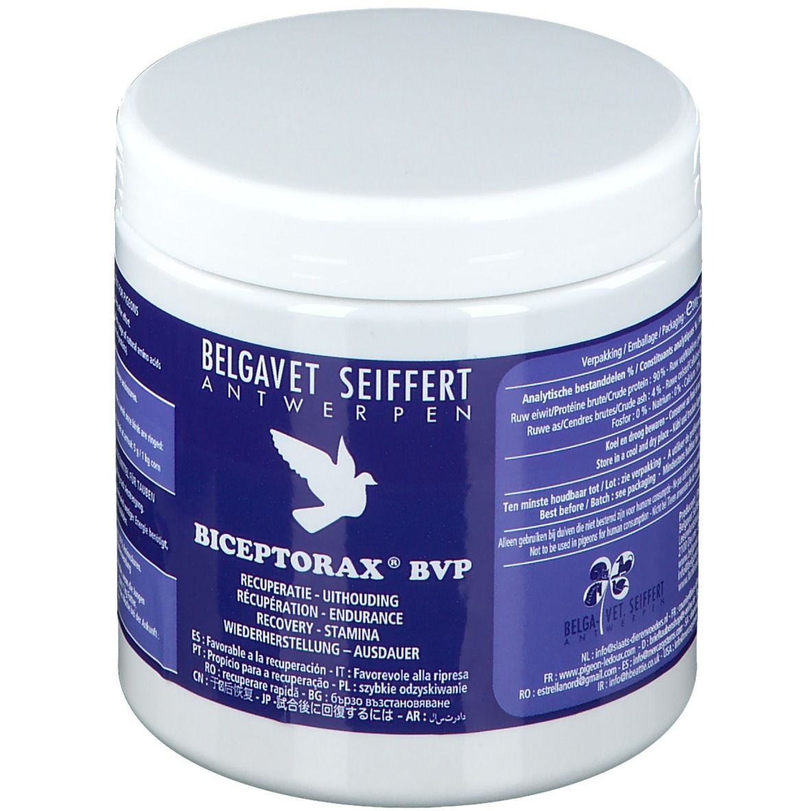 Pot blanc avec étiquette bleue. Inscription: Biceptorax BVP, Belgavet Seiffert Antwerpen. Image d'un pigeon.