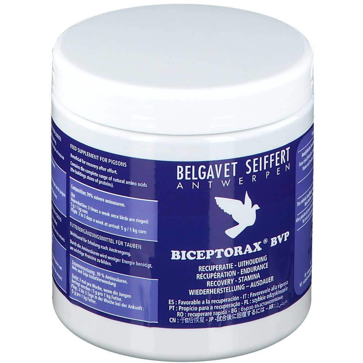 Pot blanc avec étiquette bleue. Inscription: Biceptorax BVP, Belgavet Seiffert Antwerpen. Texte sur les acides aminés.