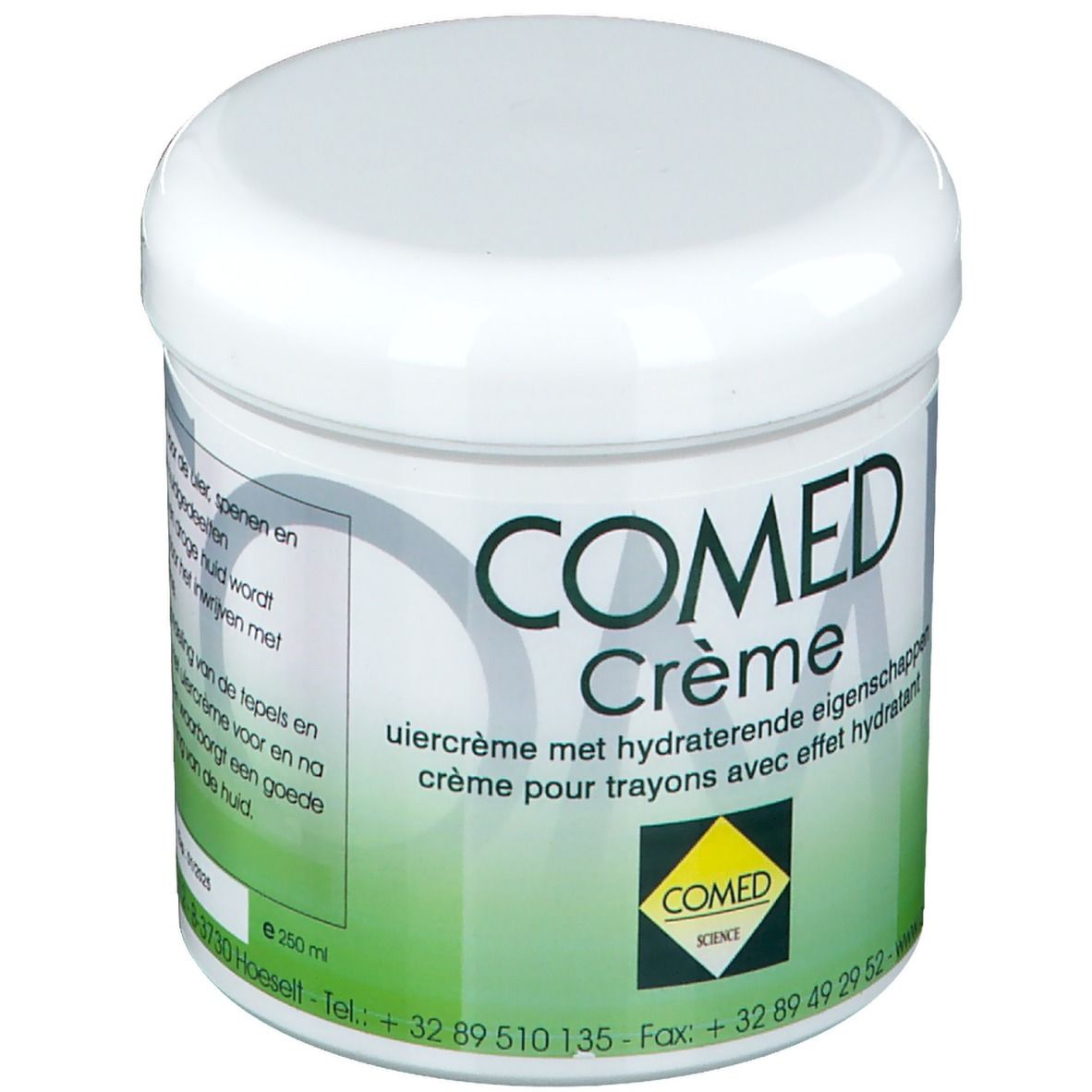 Weißer Tiegel mit grünem Etikett. Aufschrift: COMED Crème. Text in Deutsch, Französisch und Niederländisch. Gelbes Logo. Volumen: 250 ml.