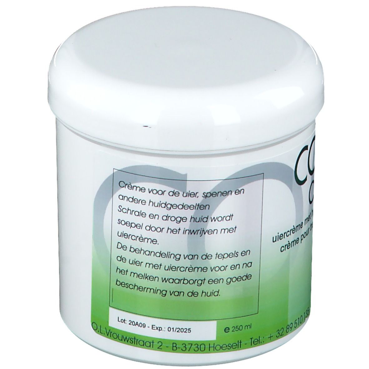 Weißer Tiegel mit grünem Etikett. Text in Niederländisch. Volumen: 250 ml. Losnummer und Verfallsdatum.