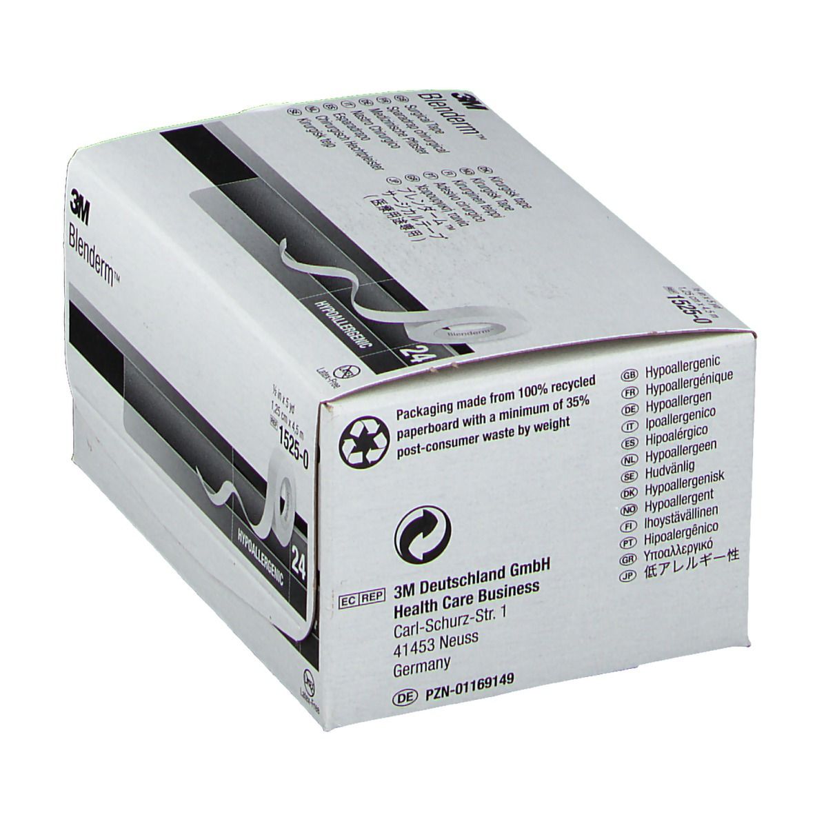 Weißer Karton mit Produktinformationen. Aufschrift: Blenderm, 3M, Hypoallergen. Recycling-Logo.