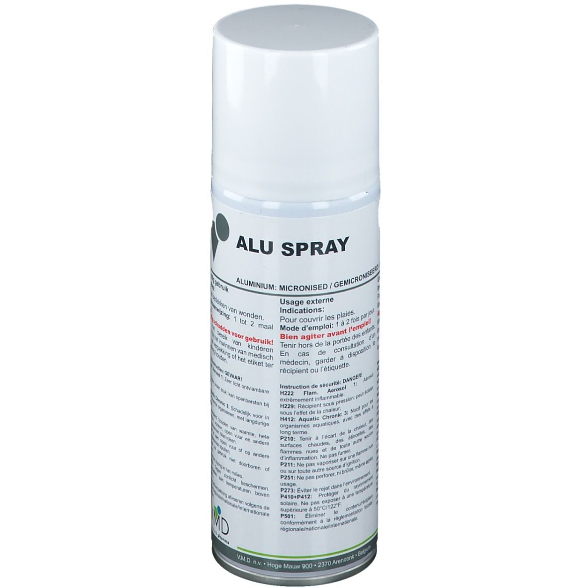 Weißes Spraydose mit weißem Deckel. Aufschrift: ALU SPRAY. Text in mehreren Sprachen. VMD Logo.