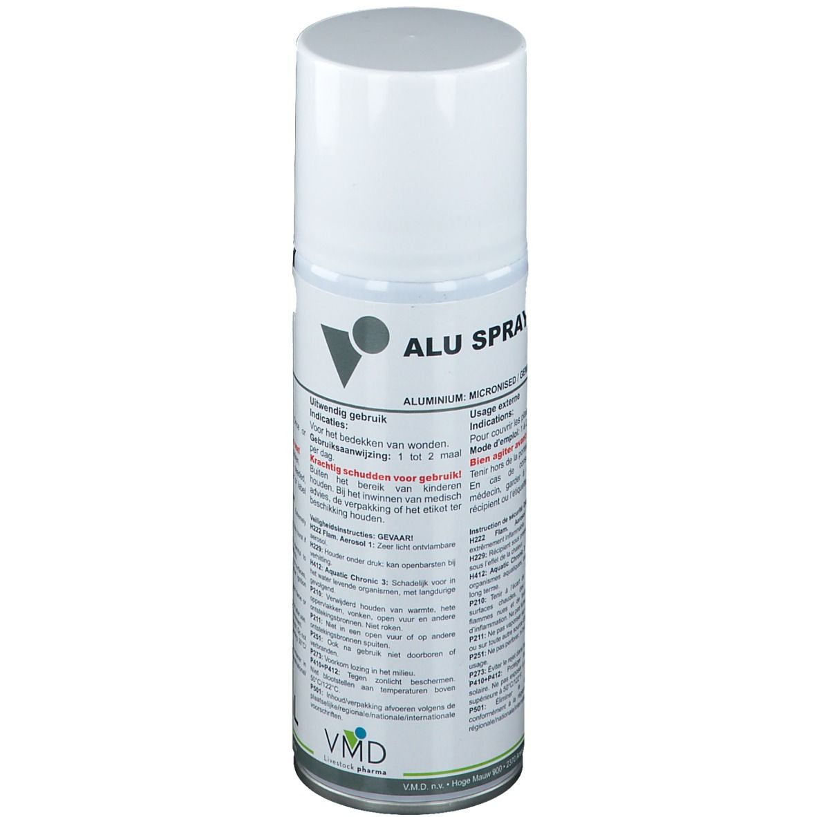 Weißes Spraydose mit weißem Deckel. Aufschrift: ALU SPRAY. Text in mehreren Sprachen. VMD Logo.