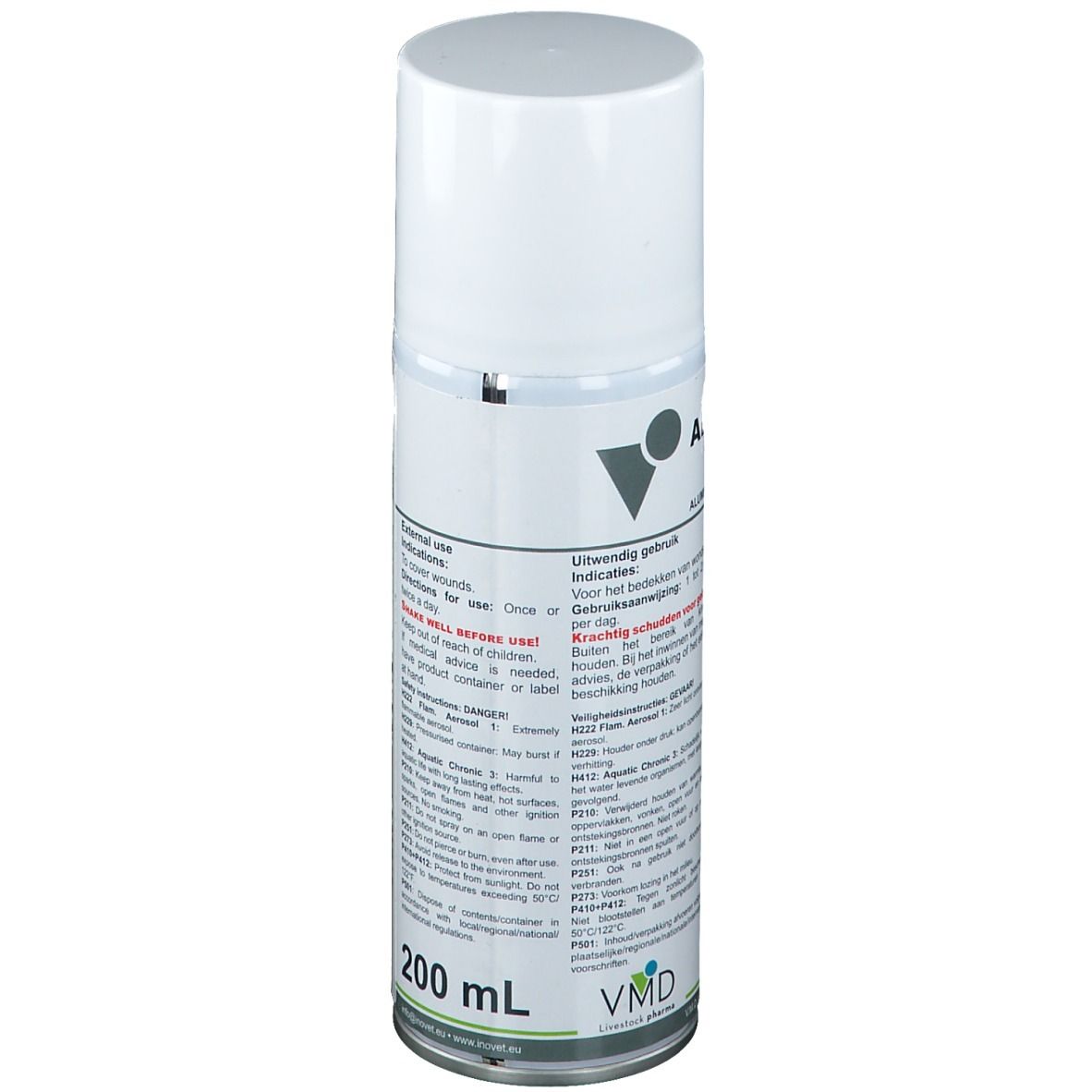 Weißes Spraydose mit weißem Deckel. Aufschrift: ALU SPRAY. Text in mehreren Sprachen. VMD Logo. 200 ml.