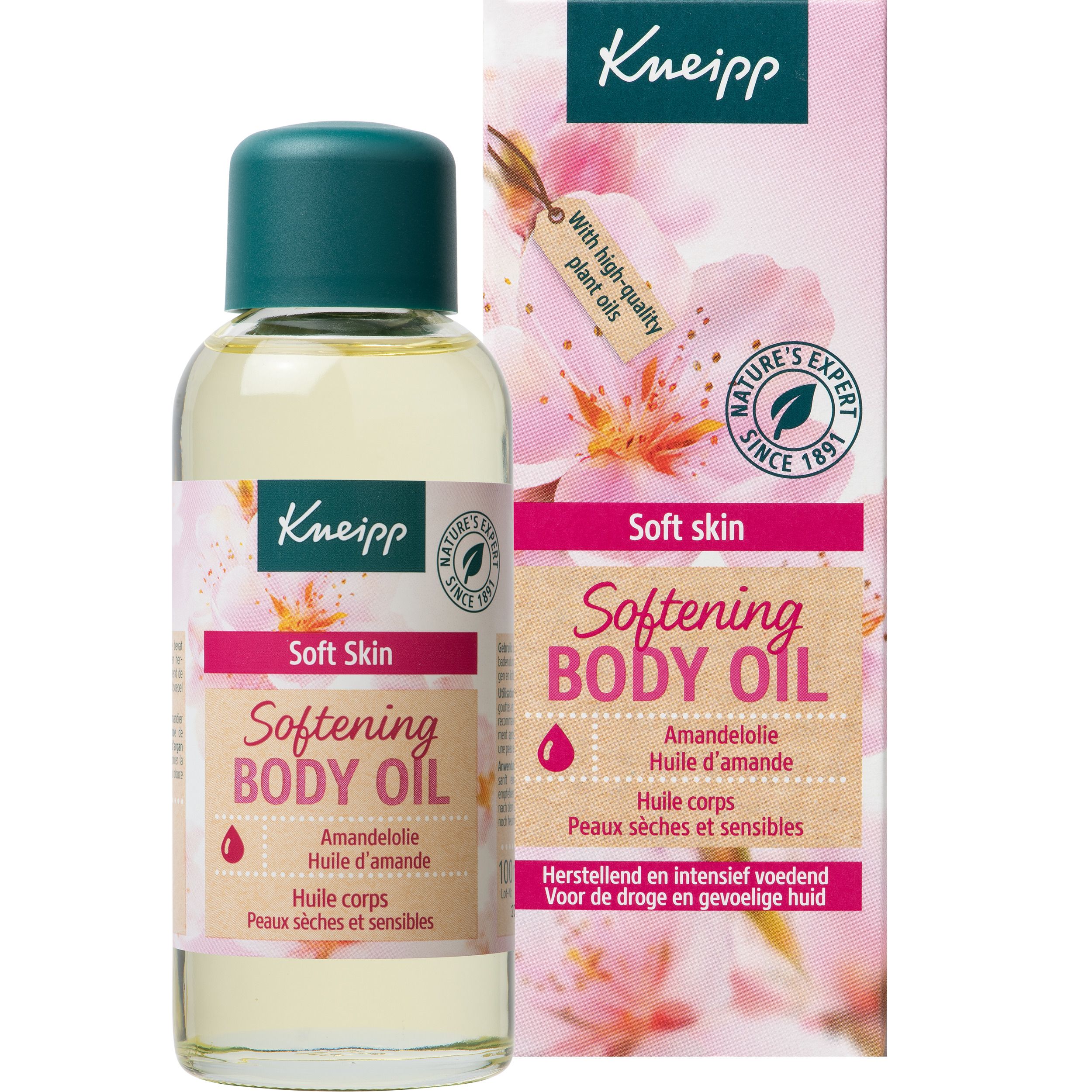 Flacon et emballage Kneipp® Softening Body Oil. Bouchon vert, liquide transparent. Emballage avec logo.