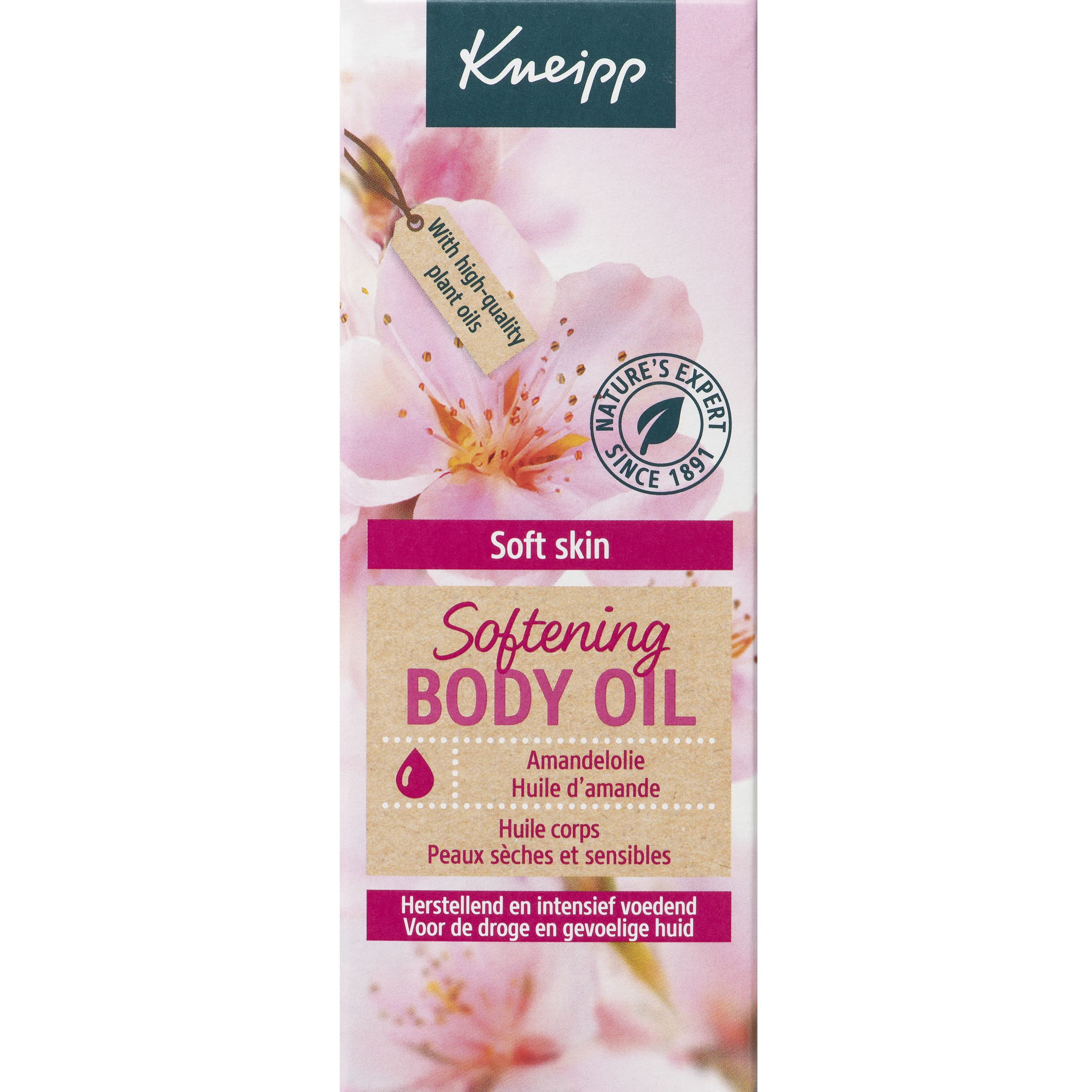 Emballage Kneipp® Softening Body Oil. Rose et blanc, avec nom et logo. Texte et illustration.