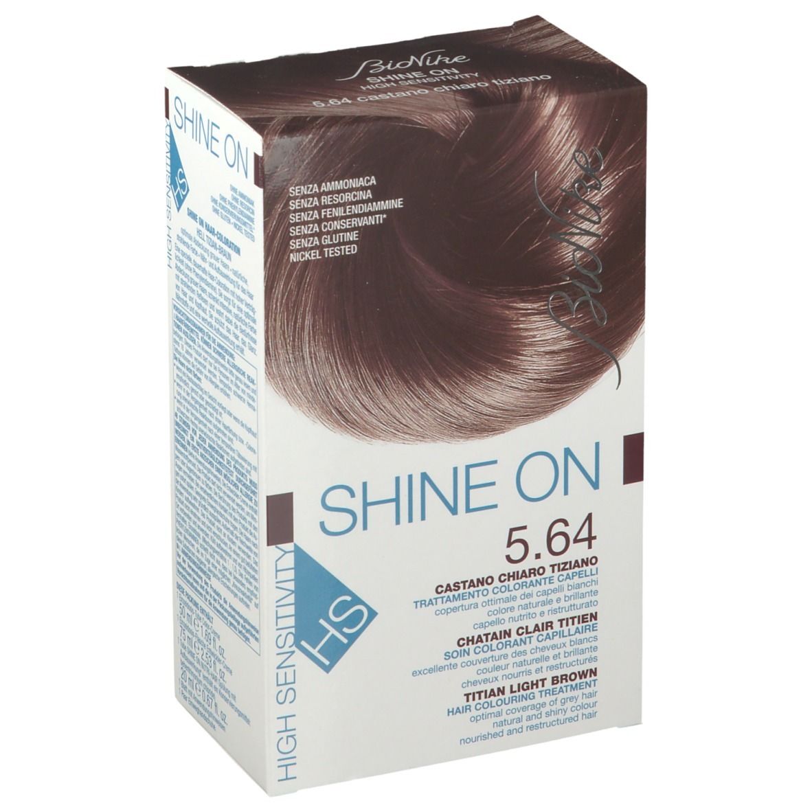 Haarfarbe-Box. Marke Bionike, Produktname Shine On 5.64. Kastanienbraun. Ohne Ammoniak, Resorcin, Konservierungsstoffe, Gluten. Nickel getestet.