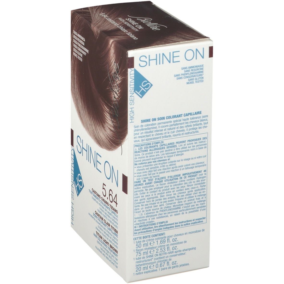 Haarfarbepackung, Marke Bionike. Produktname Shine On 5.64. Text auf der Verpackung in verschiedenen Sprachen. Enthält 50 ml, 75 ml und 20 ml.