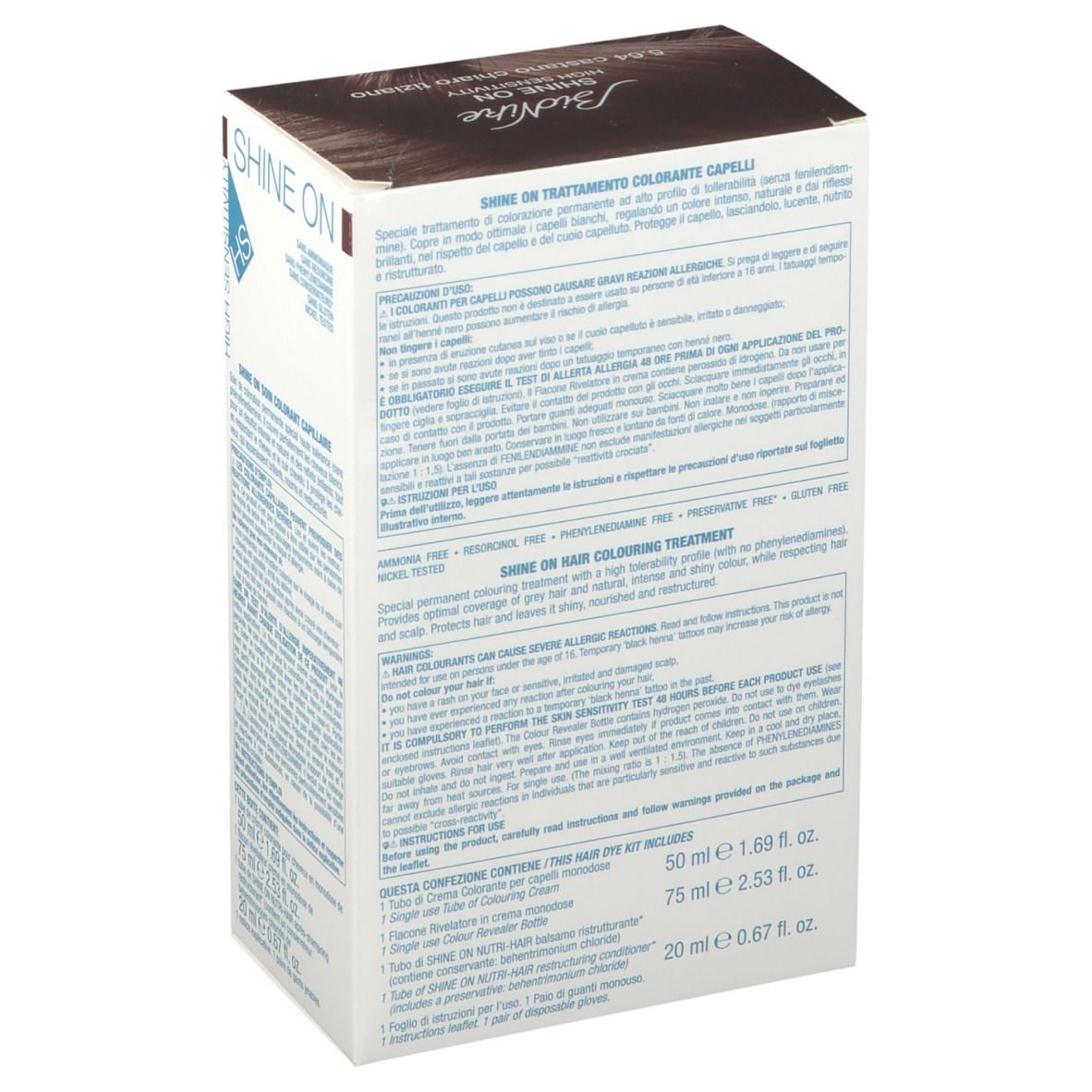Haarfarbepackung, Marke Bionike. Produktname Shine On. Text in verschiedenen Sprachen. Enthält 50 ml, 75 ml und 20 ml. Ohne Ammoniak, Resorcin, Gluten.
