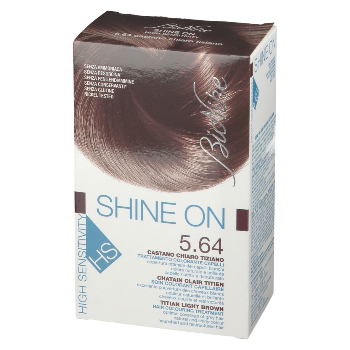 Haarfarbe-Box. Marke Bionike, Produktname Shine On 5.64. Kastanienbraun. Ohne Ammoniak, Resorcin, Konservierungsstoffe, Gluten. Nickel getestet.
