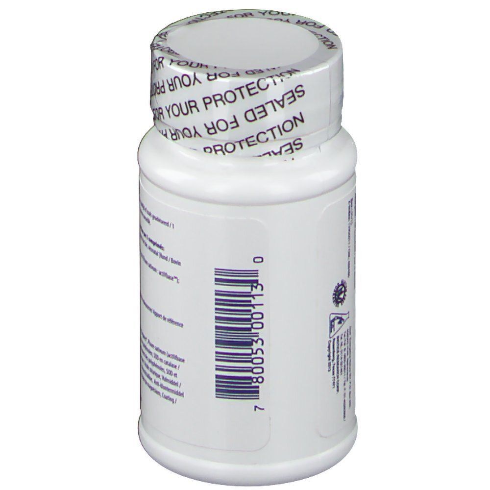 Seite einer weißen Flasche mit Barcode und Produktinformationen.