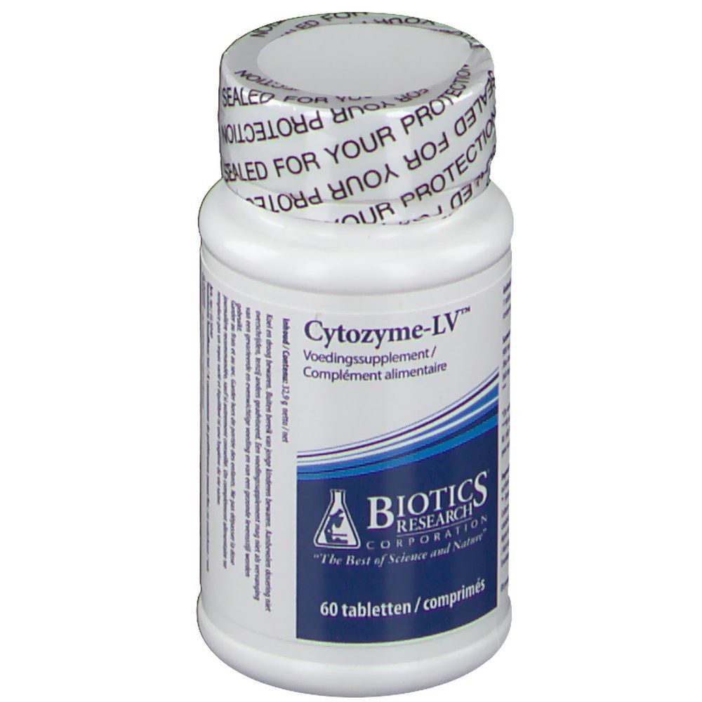 Weiße Flasche mit Cytozyme-LV-Etikett, Vorderansicht, 60 Tabletten.