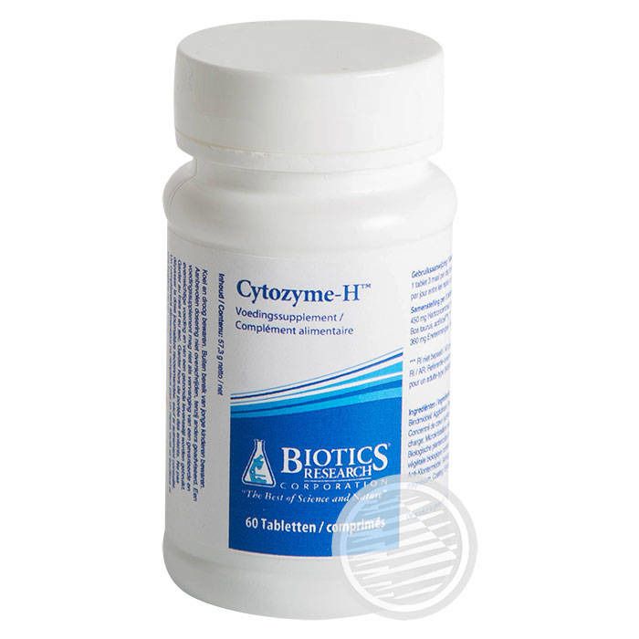 Weiße Flasche mit blauem Streifen. Aufschrift: Cytozyme-H, Biotics Research, 60 Tabletten. Nahrungsergänzungsmittel.