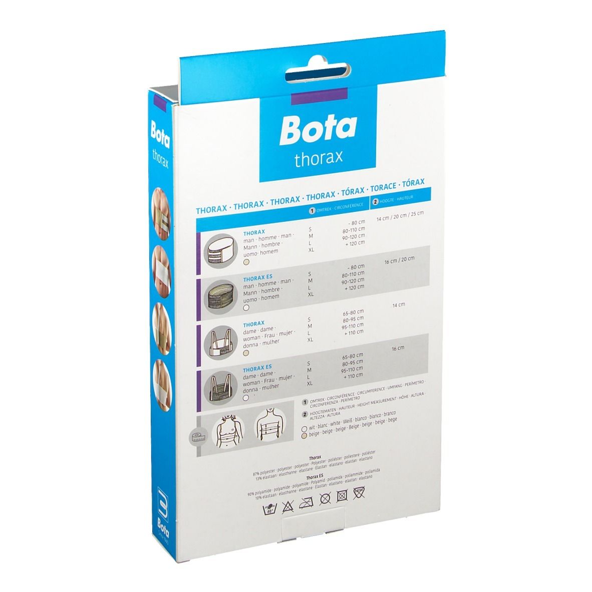 Dos de l'emballage Bota Thoraxgurt. Informations de taille et illustrations. Taille M, 80-110 cm.
