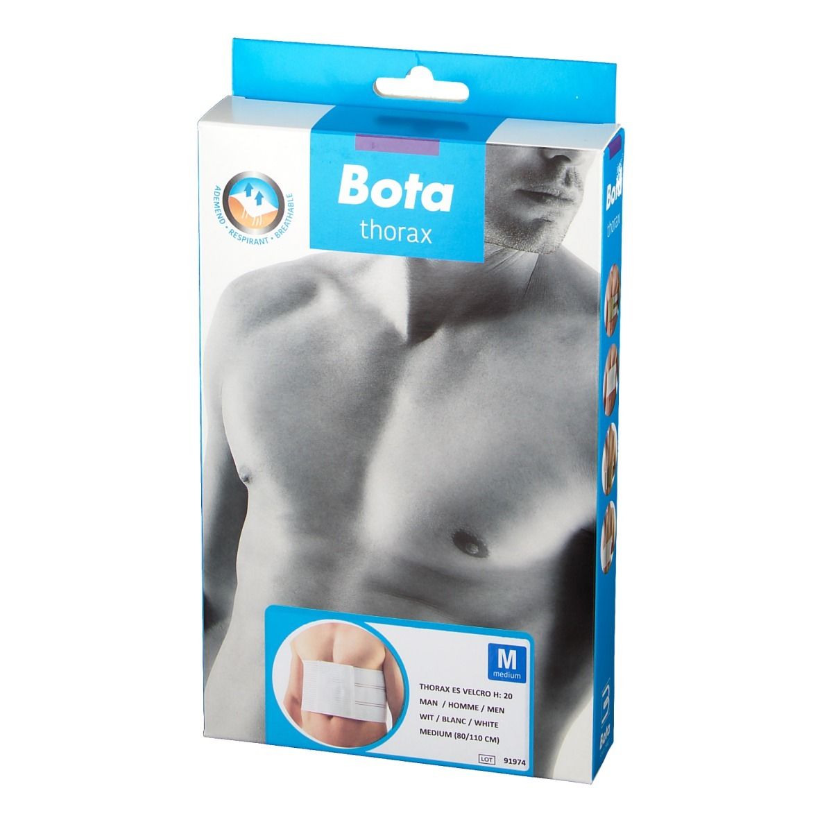 Emballage Bota Thoraxgurt, vue de face. Produit blanc illustré. Taille M, 80-110 cm.