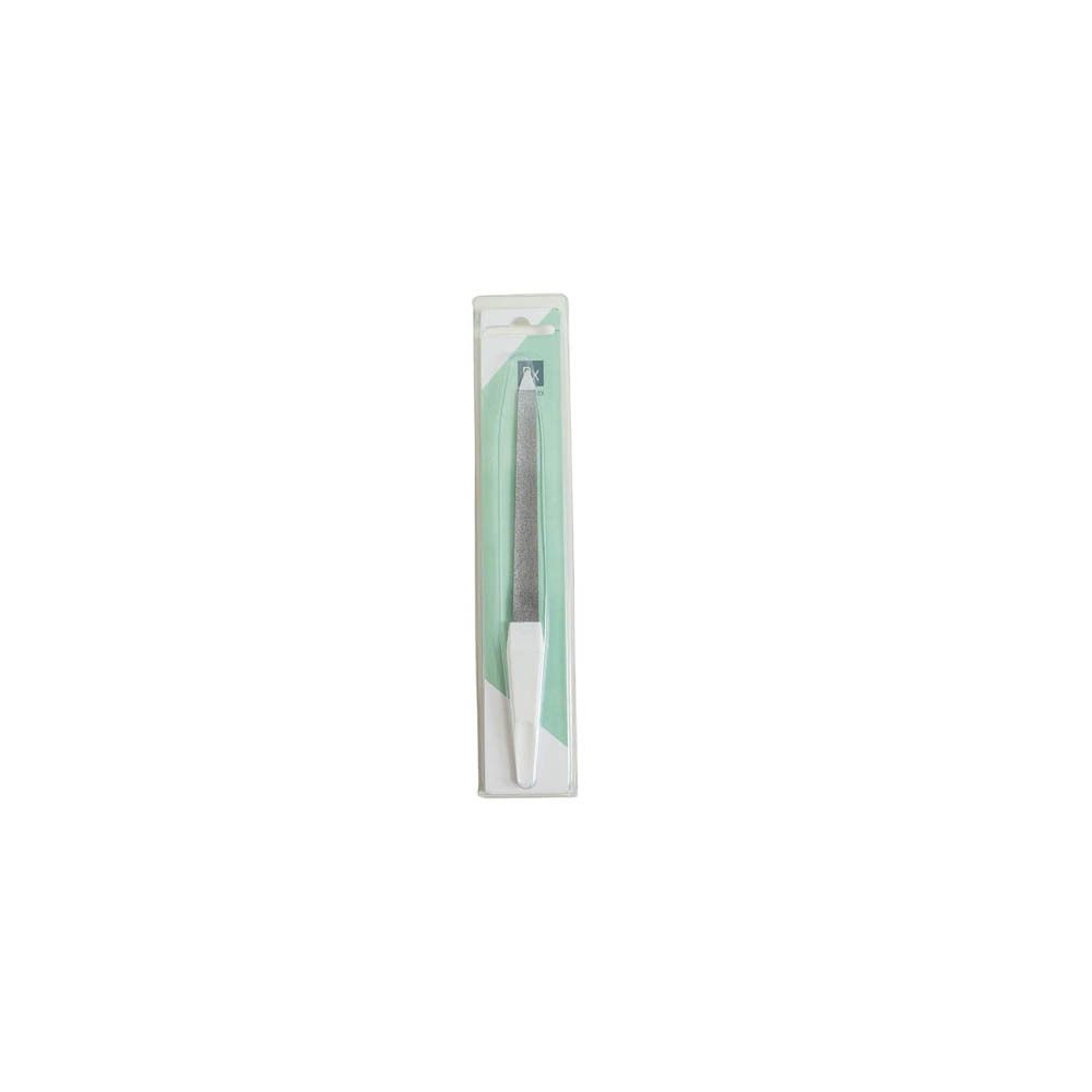 Lime à ongles diamant dans emballage. Manche blanc, surface argentée. Emballage transparent avec accent vert.