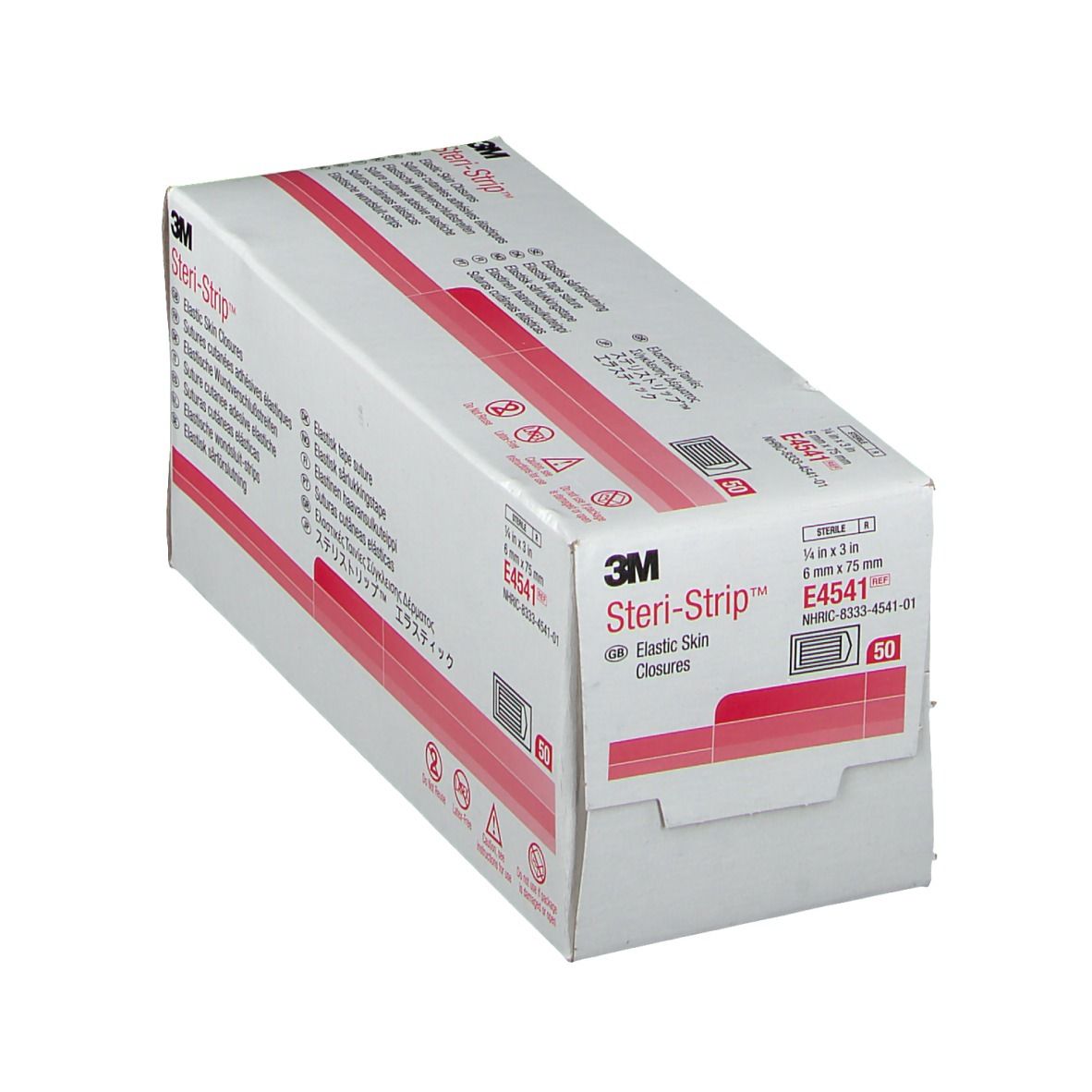 Boîte 3M Steri-Strip. Contient des sutures cutanées adhésives élastiques. Dimensions : 6 mm x 75 mm. 50 unités. Informations produit.
