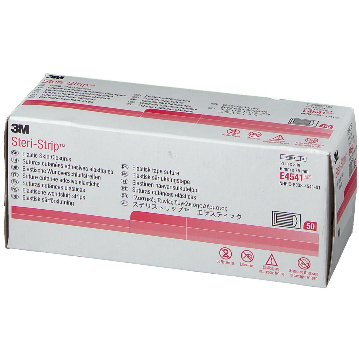 Boîte 3M Steri-Strip. Contient des sutures cutanées adhésives élastiques. Dimensions : 6 mm x 75 mm. 50 unités. Informations produit.