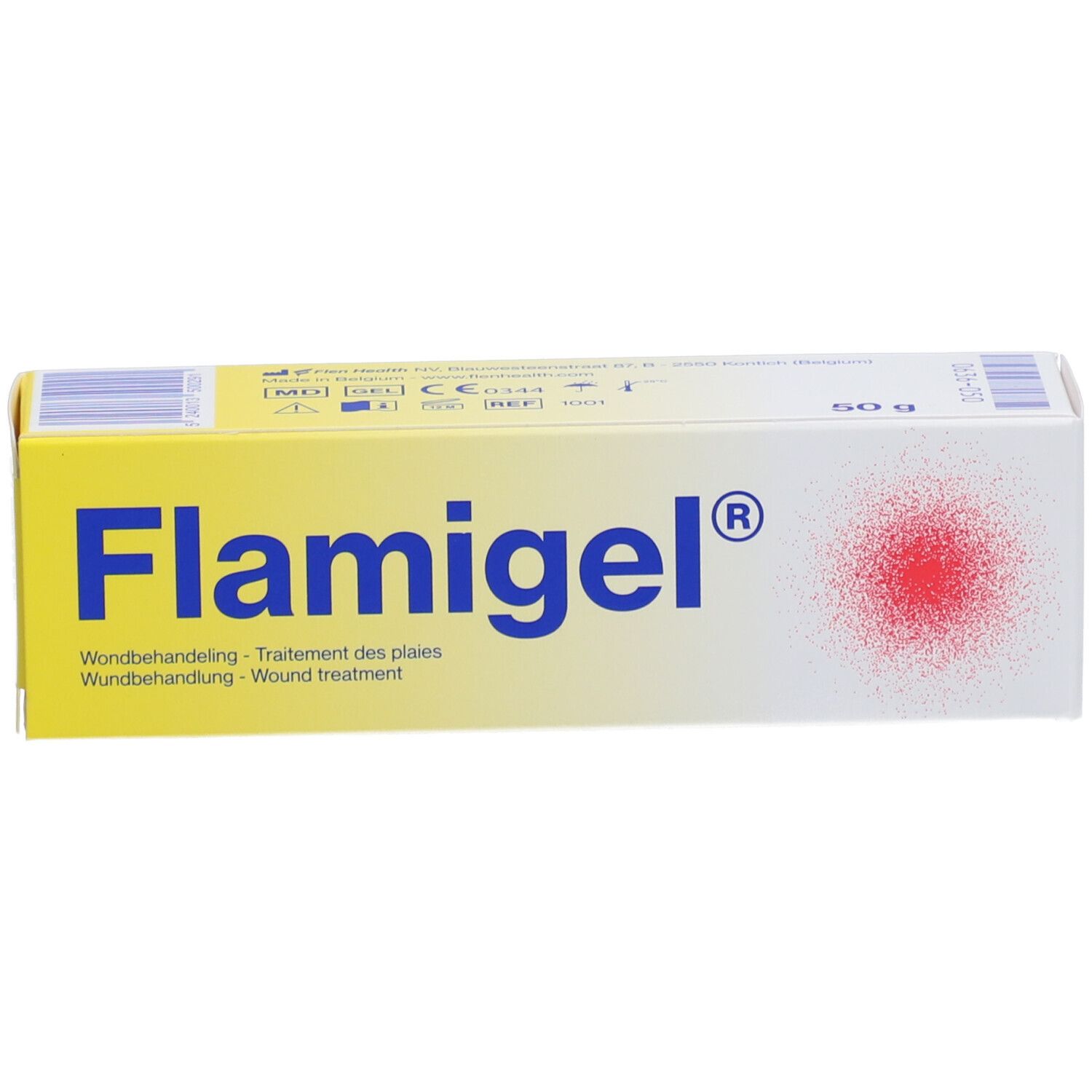 Flamigel®-Schachtel. Gel-Schachtel mit rotem Punkt-Logo. 50g.
