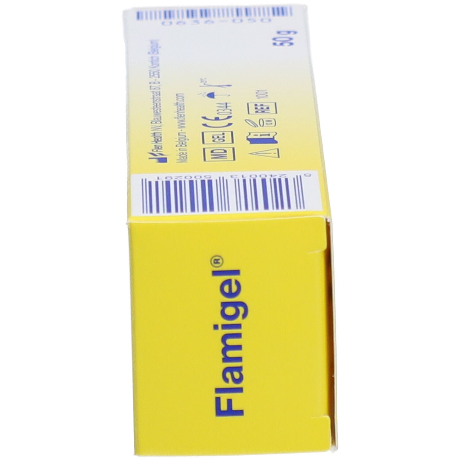 Flamigel®-Schachtel, Seitenansicht. Gel-Schachtel mit rotem Punkt-Logo.