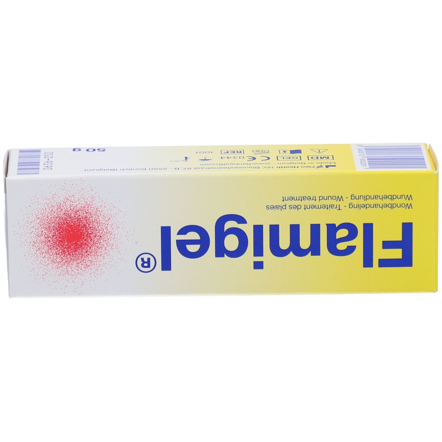 Flamigel®-Schachtel. Gel-Schachtel mit rotem Punkt-Logo. 50g.